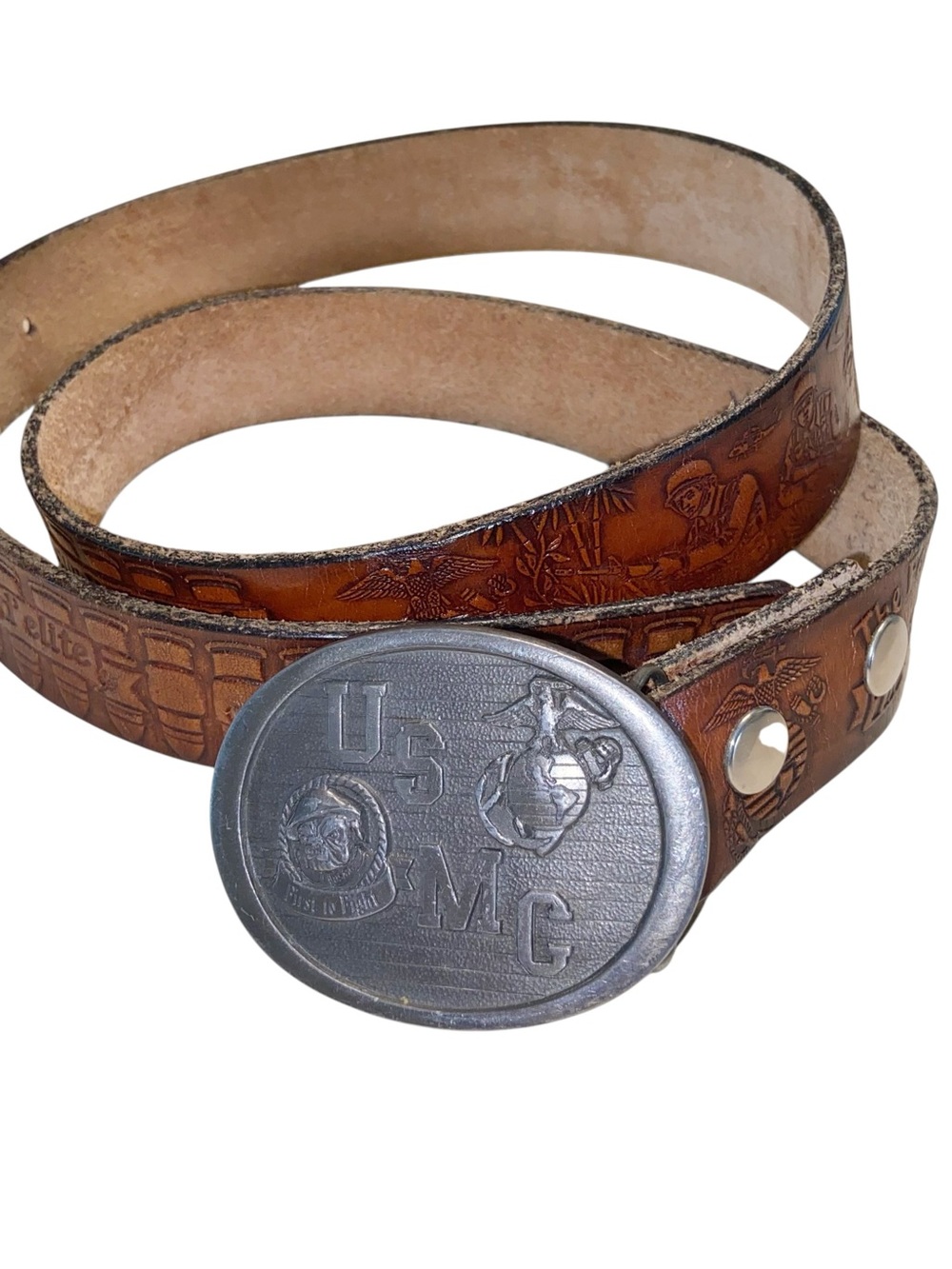 USMC Embossed Brown Leather Belt with Metal Buckle
